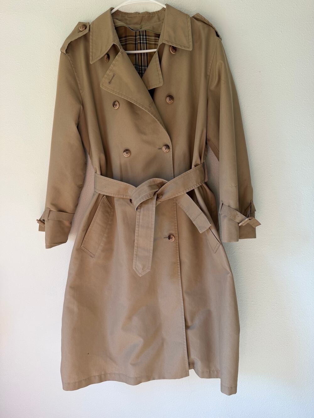 Vintage London Fog Lined Double Breasted Trench Coat Mainscoat Khaki 14 Petite